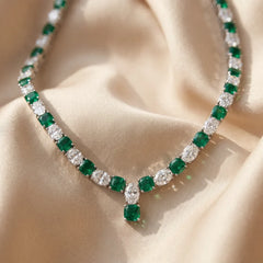 59.00 CT Oval Diamond & Cushion-cut Green Emerald Tennis Necklace