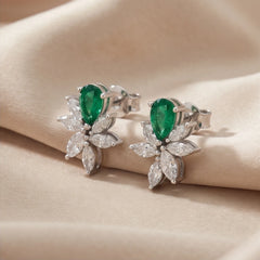 4.02 CT Emerald & Marquise Diamond Floral Cluster Stud Earrings