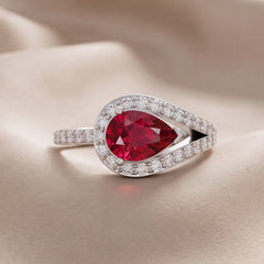 1.76 CT Pear Ruby Halo Split Shank Ring