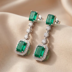 4.59 CT Emerald & Diamond Halo Drop Earrings