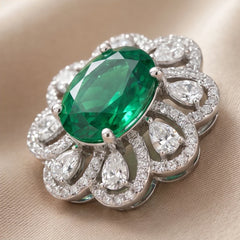 8.14 CT Oval Emerald & Pear Diamond Floral Halo Stud Earrings