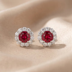 3.14 CT Round Ruby Halo Stud Earrings