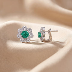 5.20 CT Round Emerald Diamond Flower Halo Earrings