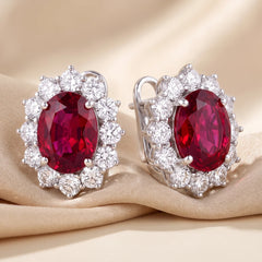 9.45 CT Oval-Cut Ruby & Diamond Halo Earrings