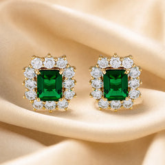 5.06 CT Emerald & Diamond Sunburst Halo Stud Earrings