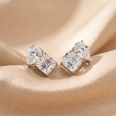 3.40 CT Asscher-cut & Pear Diamond Stud Earrings