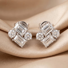 2.48 CT Emerald-cut & Round Diamond Cluster Stud Earrings
