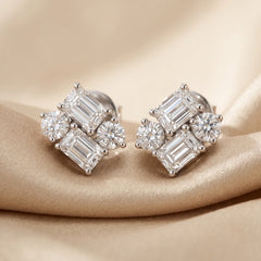 2.48 CT Emerald-cut & Round Diamond Cluster Stud Earrings