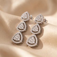 1.00 CT Diamond Triple Trillion Halo Cluster Drop Earrings
