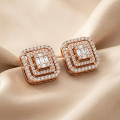 1.18 CT Baguette & Round Diamond Double Halo Stud Earrings