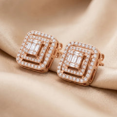 1.18 CT Baguette & Round Diamond Double Halo Stud Earrings