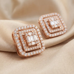 1.18 CT Baguette & Round Diamond Double Halo Stud Earrings
