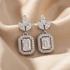 2.55 CT Emerald-cut & Marquise Diamond Halo Drop Earrings