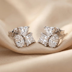 1.30 CT Oval, Heart & Princess Diamond Trio Cluster Stud Earrings