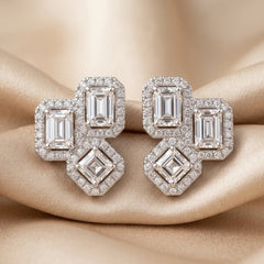 1.71 CT Emerald Cut Diamond Halo Cluster Stud Earrings