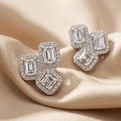 1.71 CT Emerald Cut Diamond Halo Cluster Stud Earrings