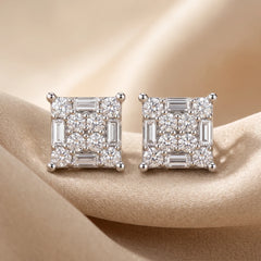 2.26 CT Round & Baguette Diamond Square Cluster Stud Earrings