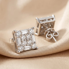 2.26 CT Round & Baguette Diamond Square Cluster Stud Earrings