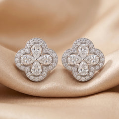 1.39 CT Pear Cut Diamond Clover Halo Stud Earrings