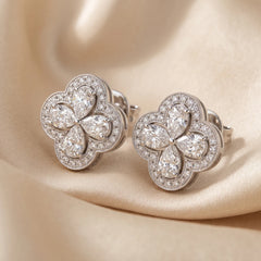 1.39 CT Pear Cut Diamond Clover Halo Stud Earrings