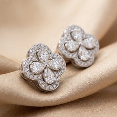 1.39 CT Pear Cut Diamond Clover Halo Stud Earrings