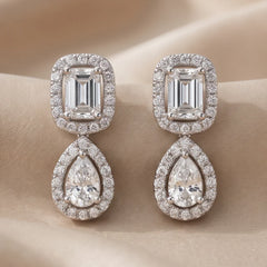 0.64 CT Emerald-cut & Pear Diamond Halo Drop Earrings