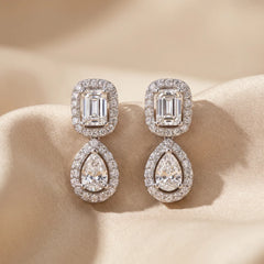 0.64 CT Emerald-cut & Pear Diamond Halo Drop Earrings