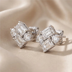 2.48 CT Emerald-Cut & Round Cluster Earrings