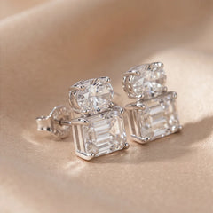 2.90 CT Emerald-cut & Oval Diamond Stud Earrings