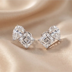 3.40 CT Asscher-cut & Pear Diamond Stud Earrings