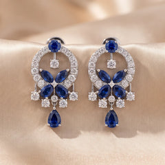 1.27 CT Multi Shape Sapphire & Diamond Floral Drop Earrings