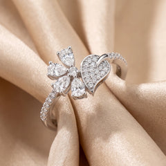 0.65 CT Pear & Round Diamond Flower Leaf Ring