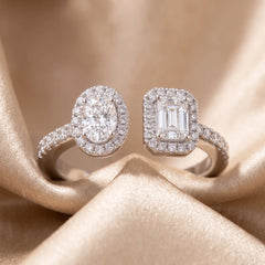 1.20 CT Emerald-cut & Oval Diamond Halo Open Ring