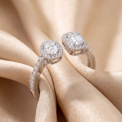 1.20 CT Emerald-cut & Oval Diamond Halo Open Ring
