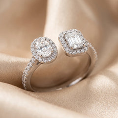 1.20 CT Emerald-cut & Oval Diamond Halo Open Ring