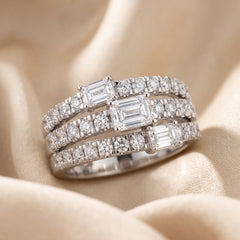 2.20 CT Emerald-cut & Round Diamond Multi Row Ring