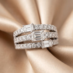 2.20 CT Emerald-cut & Round Diamond Multi Row Ring