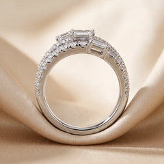 2.20 CT Emerald-cut & Round Diamond Multi Row Ring