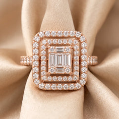 0.89 CT Baguette & Round Diamond Double Halo Ring
