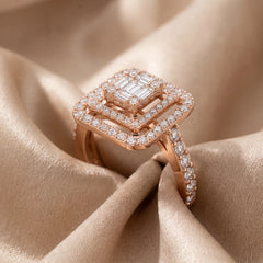 0.89 CT Baguette & Round Diamond Double Halo Ring