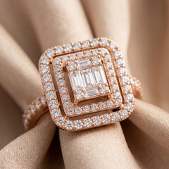 0.89 CT Baguette & Round Diamond Double Halo Ring