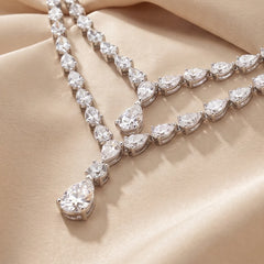 14 CT Pear & Round Diamond Double Layer Pear Drop Necklace