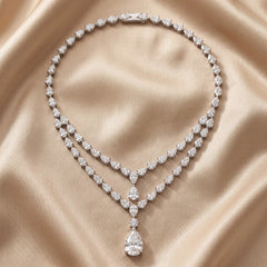 14 CT Pear & Round Diamond Double Layer Pear Drop Necklace