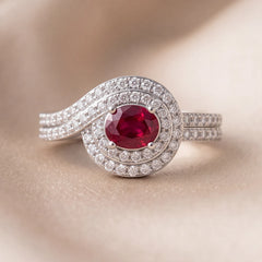 1.11 CT Oval Ruby Halo Crossover Ring