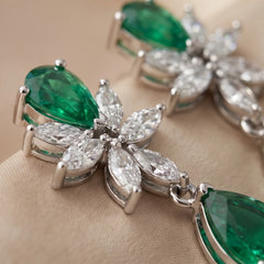 4.02 CT Emerald & Diamond Floral Marquise Cluster Drop Earrings with Pear Dangle