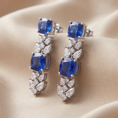 17.63 CT Cushion Sapphire & Pear Cluster Diamond Drop Earrings