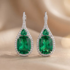 11.21 CT Long Cushion Emerald Halo Drop Earrings