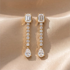 2.61 CT Emerald, Pear & Round Diamond Line Drop Earrings