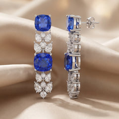 17.63 CT Cushion Sapphire & Pear Cluster Diamond Drop Earrings