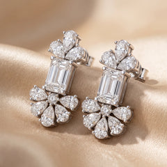 3.90 CT Pear, Emerald-cut & Round Diamond Flower Drop Earrings